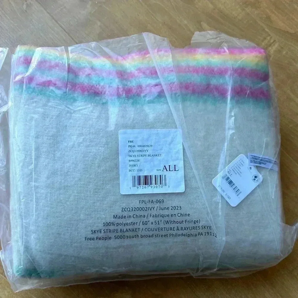 Free People Skye Stripe Fringe Throw Blanket, Cozy Rainbow Accent Blanket, OS